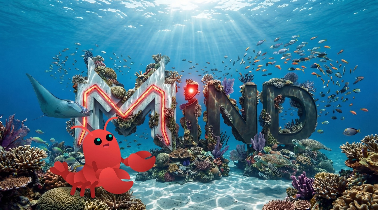 The MIND coral reef sign with the OpenClaw lobster mascot looking up at it from the ocean floor